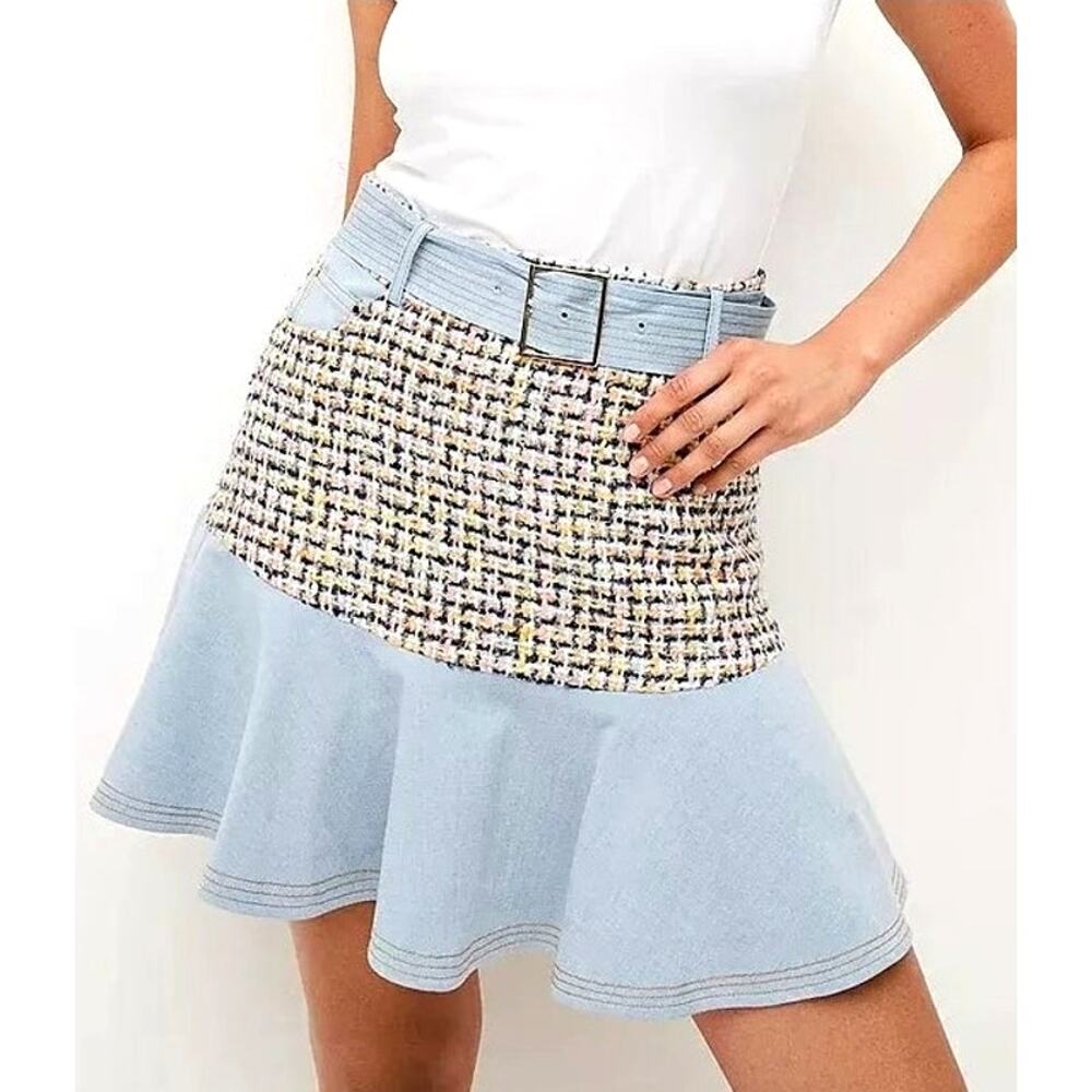 Karen Millen Womens Tweed Denim Belted Ruffle Skirt 8 Preppy Academia Coquette